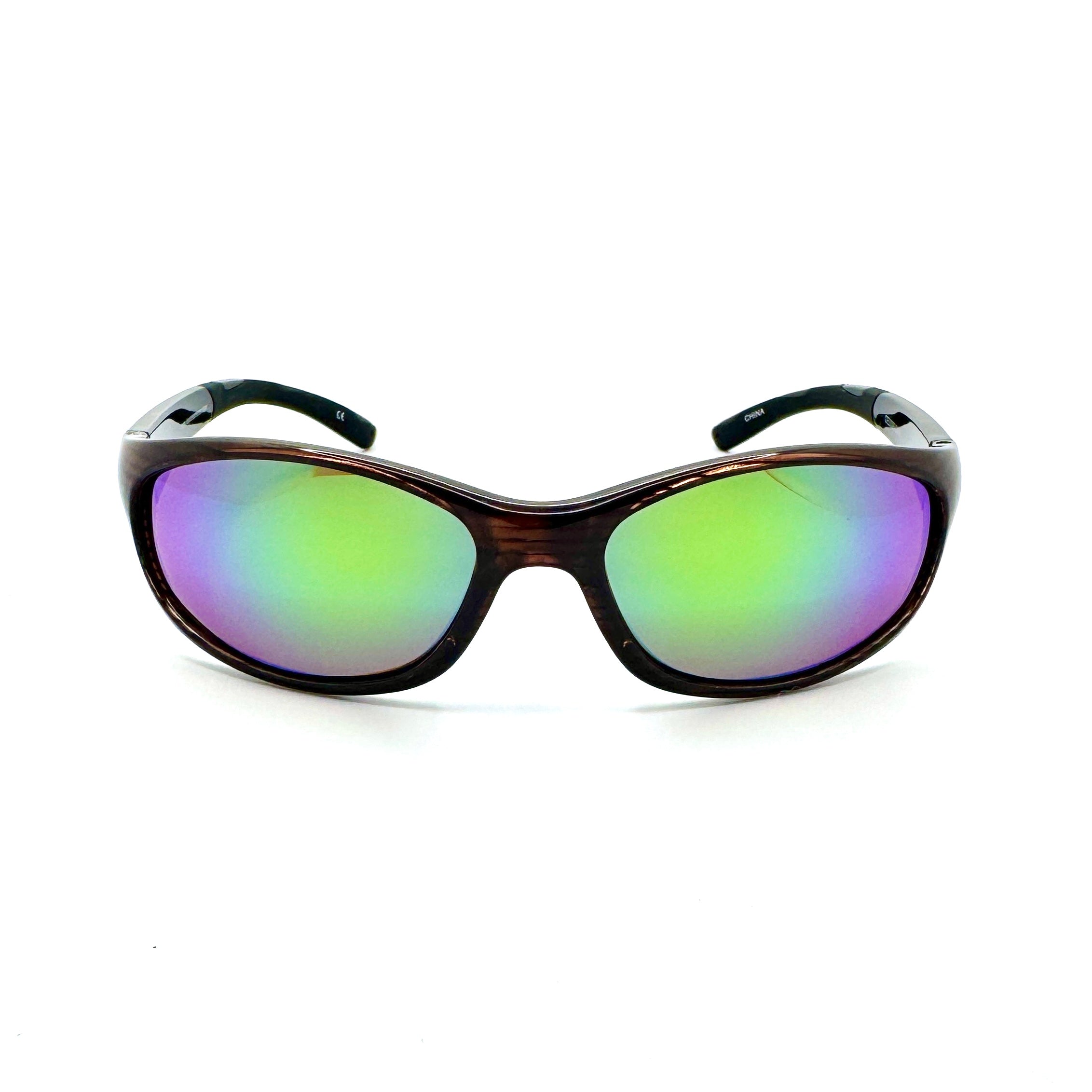 Key West - Shiny Woodgrain Frame- Green Mirror Amber Lenses