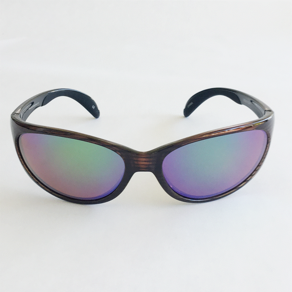 Key West - Shiny Woodgrain Frame- Green Mirror Amber Lenses