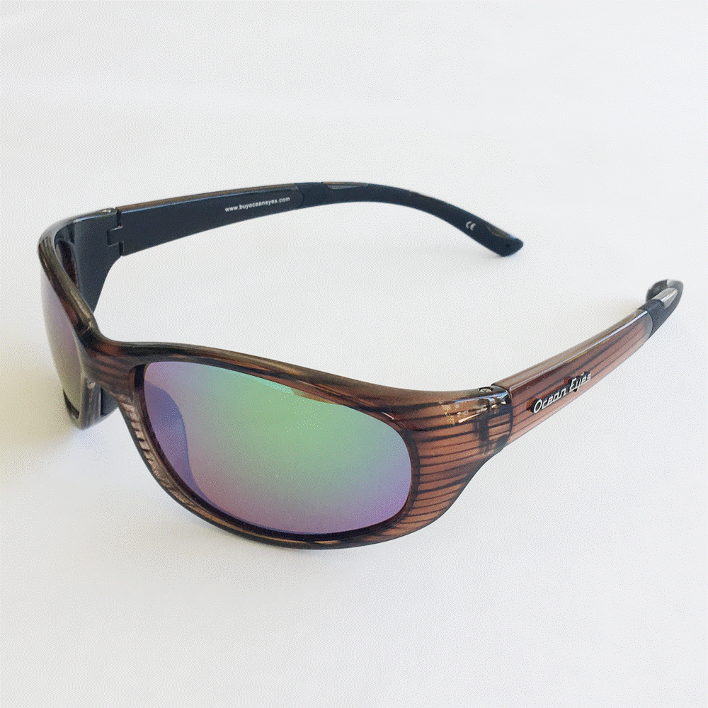 Key West - Shiny Woodgrain Frame- Green Mirror Amber Lenses